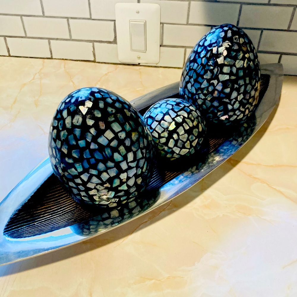 PEWTER LG BOAT WITH GLASS EGGS